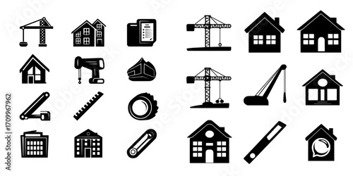 The collection of Real Estate outline icons includes a range of symbols related to the industry, such as those for purchasing and selling housing, construction workers, cranes, and rental properties