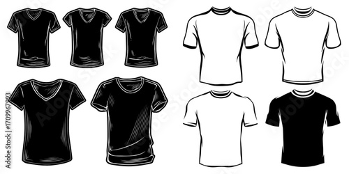 Modern illustration of various T-shirt necklines is presented in a flat sketch with a technical CAD drawing template