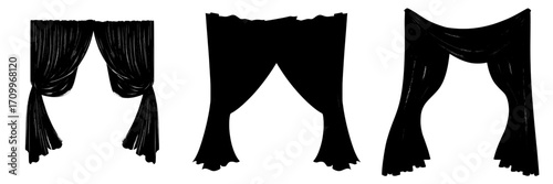 Theater stage fabric drapery is fluttering on the wind, with black silk curtains for the window, all isolated on a transparent background, creating a modern realistic set of hanging soft cloth and