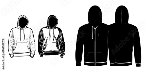 The technical fashion illustration is of a Raglan Sleeve Hoodie, which is a hooded sweatshirt with a pocket and zip-up, shown in white from the front and back, designed as a unisex CAD mockup set for