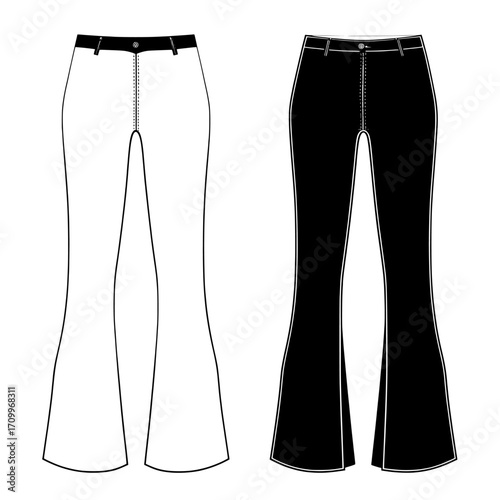 A CAD mockup of High Rise Front Slit Flare Jeans is provided in the form of a fashion flat technical drawing template, complete with a technical fashion illustration of Flare Jeans in both front and