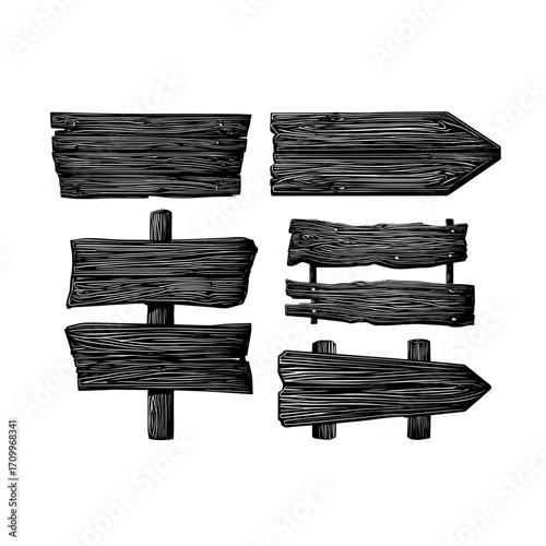 A modern realistic set consisting of wooden signboards, banners, and arrow sign boards created from wood planks, accompanied by old vintage rustic pointers made from timber panels, all isolated on a