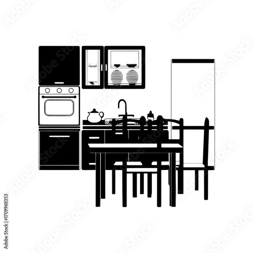 In a modern setting, a cartoon kitchen interior with a table is shown against the background of a house dining room, which includes various fixtures like a cook oven, stove, window, sink, and