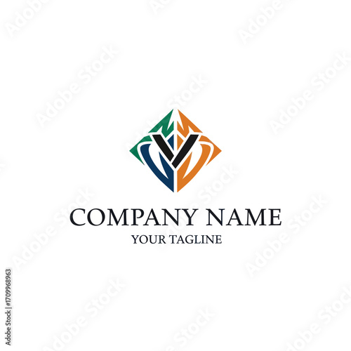 Geometric logo design featuring a stylized letter V, enclosed within a diamond shape, with a company name.