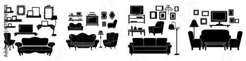 Modern cartoon illustration of a living room interior with a tv set, sofa, armchair, coffee table, floor lamp, shelves, and picture frames, all on a white background