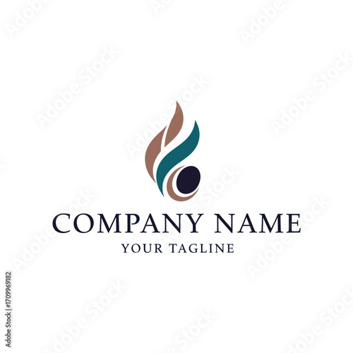 Abstract logo design featuring stylized flames and a circle, with company name and tagline below.