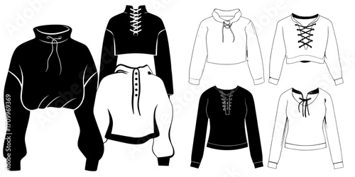 The technical fashion illustration set includes a crop sweatshirt template, showcasing various features like roll neck, lace-up, and button, with front and back views, in white, designed for women,