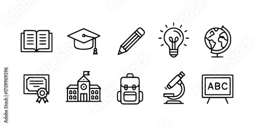 Collection of education themed linear icons representing school and learning