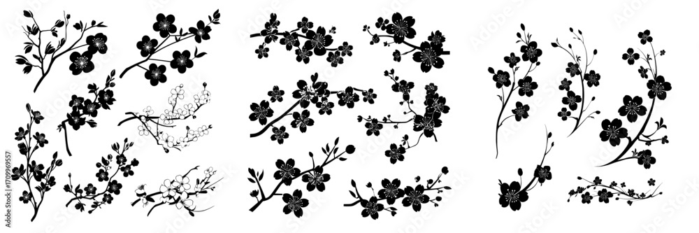 Naklejka premium Collection of flat design cherry blossom, sakura branches, and flowers