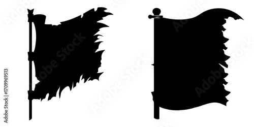 A tattered medieval flag featuring a red royal emblem is part of a modern cartoon game set, symbolizing a historical military standard