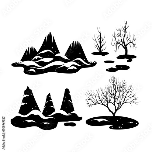 The winter landscape constructor set includes stickers depicting snowy hills or mountains, frosty trees or branches, and frozen puddles, creating a cold December environment as part of a cartoon flat