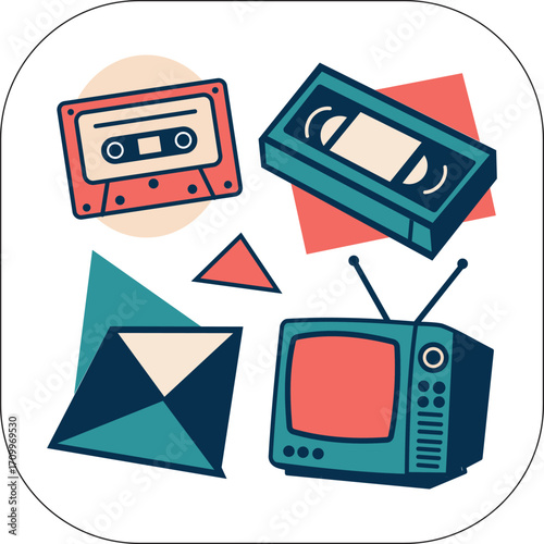 Retro 1980s and 1990s nostalgia with vintage cassette tape vhs and television