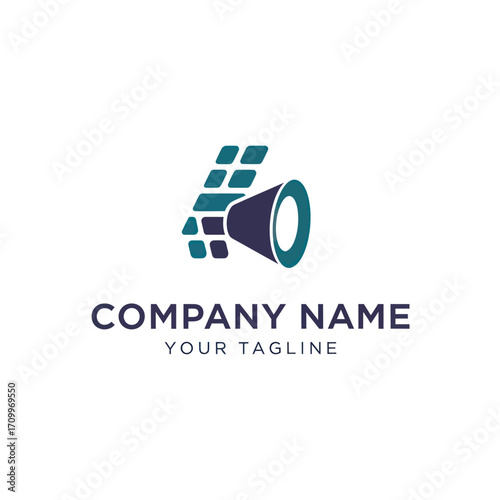A modern logo design featuring a stylized megaphone emerging from a digital pixelated grid, representing communication and technology.