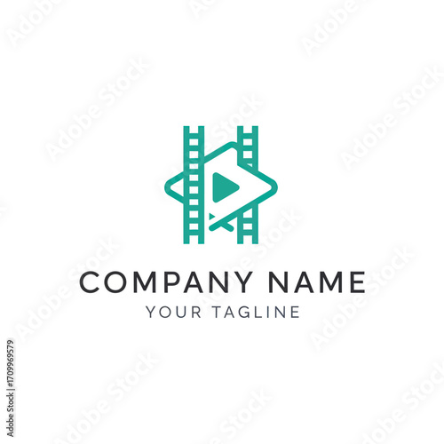 A modern teal logo featuring film strips on either side of a central play button icon, suitable for media or video production.