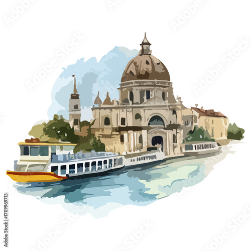 Watercolor View Of A Canal With Historic Buildings And A Vessel In Venice