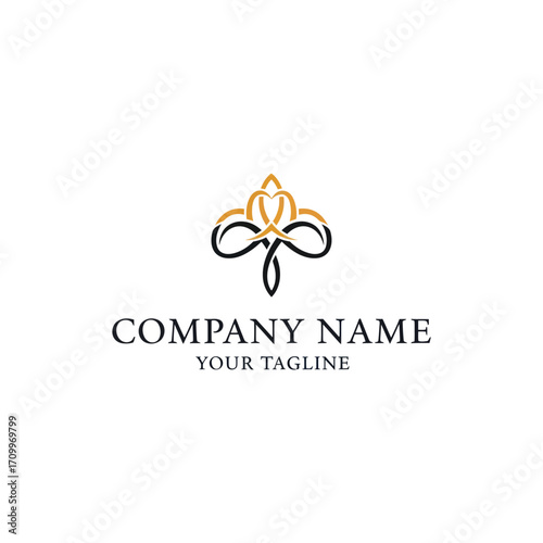 Elegant logo design featuring a stylized floral or ornamental motif in black and gold, with placeholder text for company name and tagline.