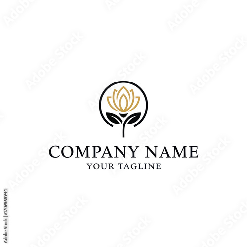 Elegant logo design featuring a stylized lotus flower within a circle, perfect for a company brand identity.