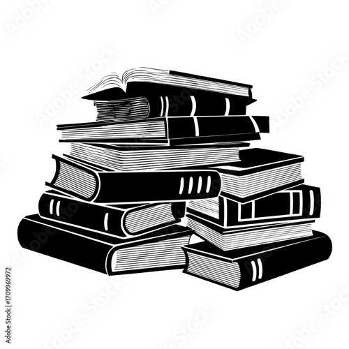 Libraries, schools, and bookstores have stacks and piles of books, including educational literature, dictionaries, and stories with modern realistic illustrations on colorful covers, available for