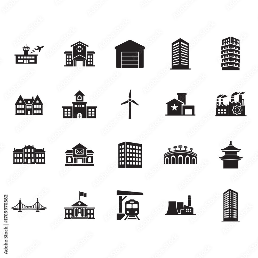 Fototapeta premium Buildings and architecture glyphs isolated on white background for your design