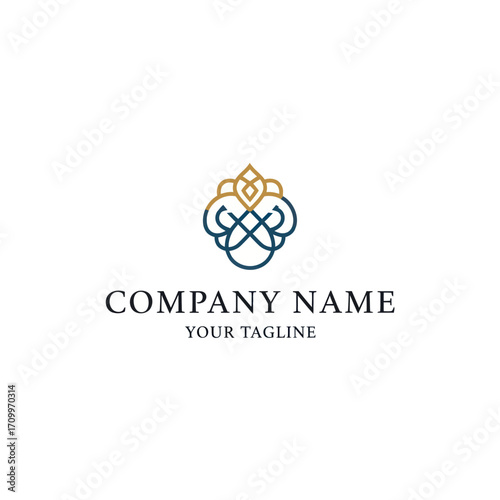 Elegant logo design featuring an abstract floral or ornamental shape in gold and blue lines, with space for a company name and tagline.