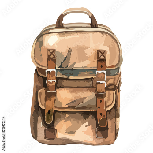 Watercolor Vintage Brown Leather Backpack With Buckles And Worn Texture On isolated Background
