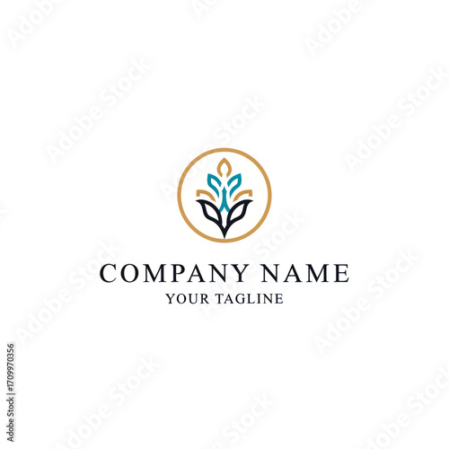 Elegant logo design featuring stylized plant motif within a circle, with company name and tagline placement.