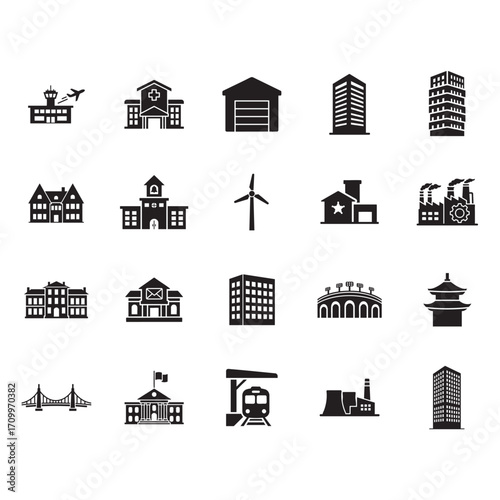 Buildings and architecture glyphs isolated on white background for your design