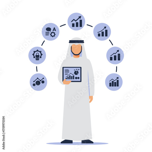 An Arab man in traditional dress holds a tablet displaying data charts surrounded by growth icons.