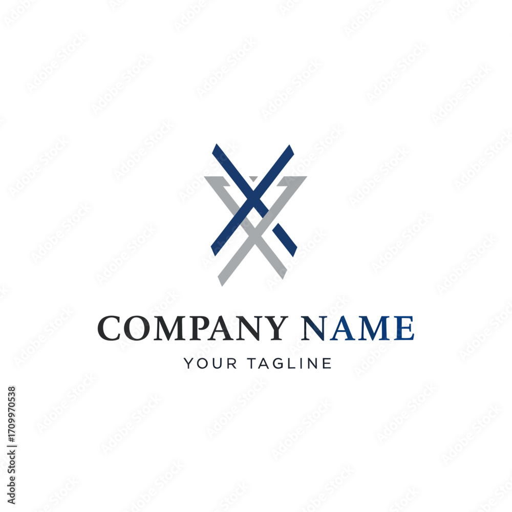 Obraz premium A modern abstract logo design featuring two interlocking X-shaped letters in blue and grey, with placeholder text for company name and tagline.