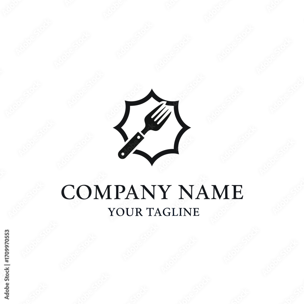 Obraz premium A simple black and white food-themed logo featuring a fork silhouette inside a decorative eight-pointed star frame.