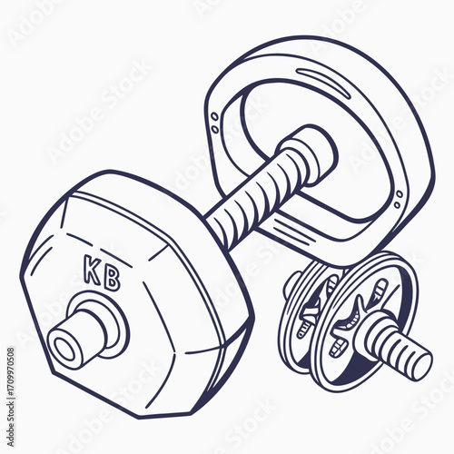 Isolated gym equipment with a set of dumbbells and weights for a heavy strength workout