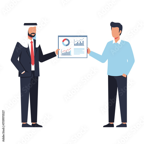 Two businessmen, one in traditional Arab attire, presenting a business report with charts and graphs.