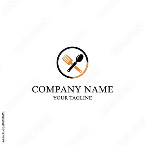 A modern and minimalist logo design featuring a crossed black fork and spoon inside a circular frame for a food-related business.