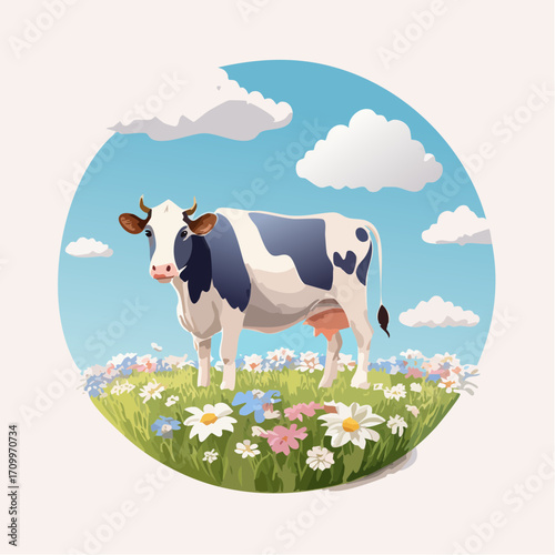3D Kuh, grasend auf Blumenwiese, blauer Himmel, friedliche Stimmung, fotorealistisch