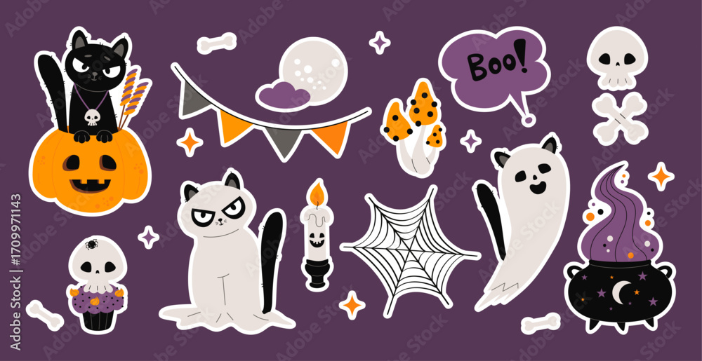 Fototapeta premium Cute Scary Halloween Stickers. Black Cat in Pumpkin jack and Ghost animal, Spooky Cupcake, skull, spider web, cauldron, Bones, candle, and creepy mushroom. Isolated Vector illustration. Not AI