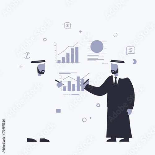 Two Arab businessmen in traditional attire analyzing financial charts, discussing data.