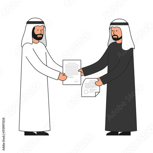 Two men in traditional Arab clothing exchanging documents. One man is wearing white, the other black.