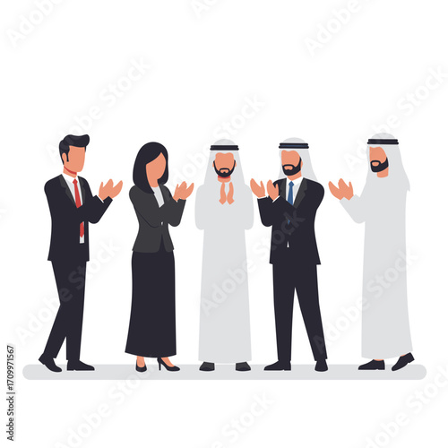 Diverse businesspeople applauding, showcasing global collaboration and success.
