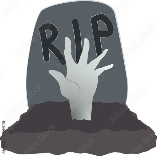 A stylized cartoon zombie hand rises from the ground in front of a gray tombstone with "R.I.P." on it. Spooky graphic clip art, perfect for Halloween projects and stickers.