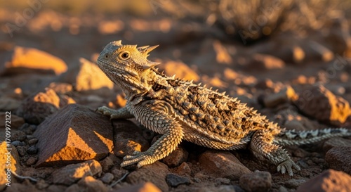 Horned lizard, camouflage, on arid rock bed. Warm light. Sharp focus