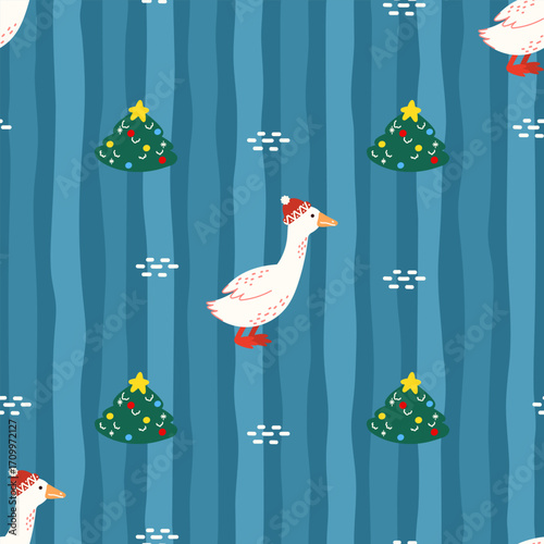 Seamless Christmas vector pattern with geese in Santa hats, Christmas trees, and falling snow on a light blue striped background. Cute winter design for wrapping paper, textiles, and holiday decor