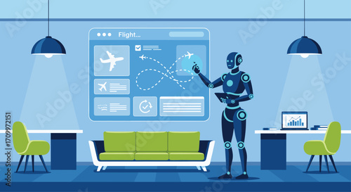 Futuristic robot interacts with advanced technology display in modern office
