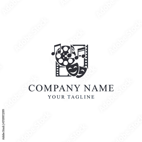 A logo design combining film reel, music notes, and theatrical masks, representing entertainment.