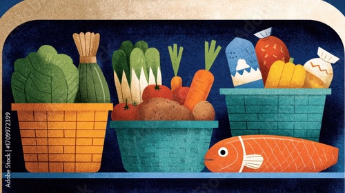 Colorful pantry shelves stocked with various foods