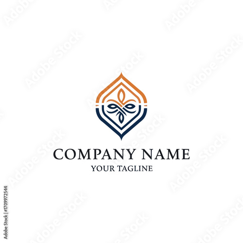 Elegant abstract emblem with floral motif and company branding on white background.