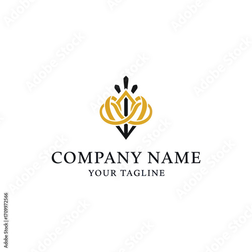 Elegant gold and black stylized logo featuring intertwined rings forming a lotus-like or crown-like design with placeholder text.