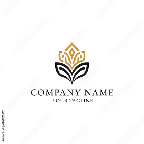 Elegant black and gold stylized floral emblem logo, featuring intricate leaf and crown-like motifs for branding.