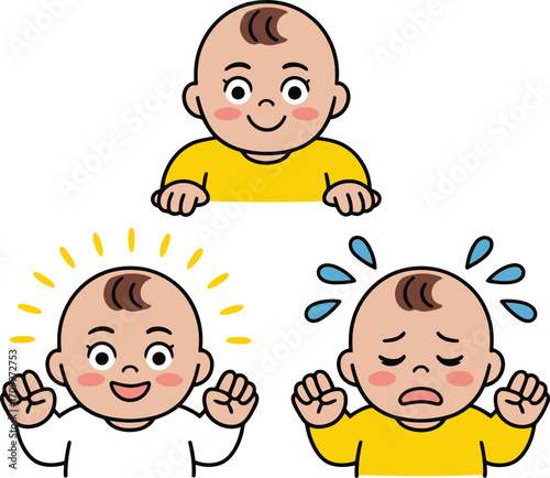 Adorable baby expresses joy, excitement, and distress with expressive faces and gestures