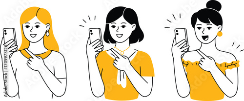 Three diverse women happily taking selfies and sharing moments on their smartphones, capturing modern connection.