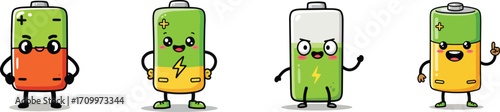 Four cartoon battery characters showing different power levels with expressive faces and arms animated personification battery life concepts vector